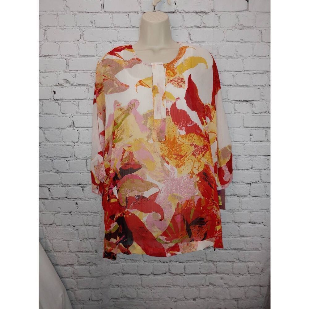 Tanjay Women's Size PETITE Small Orange/Red Sheer Lined Blouse